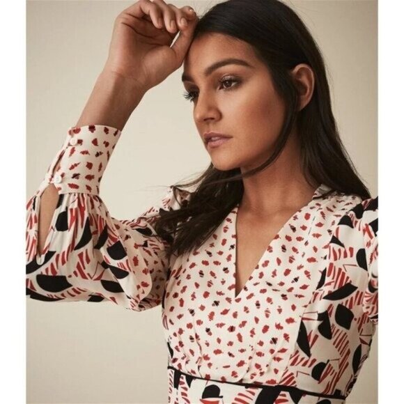 Reiss Emmi Floral Print Side Slit Asymmetric Midi Dress Red Multi Size 6 - Picture 4 of 11